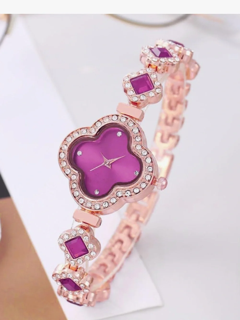 Watch-Purple 4 Leaf Clover Rose GOLD Watch Diamond like Bracelet Slim Watch Jew